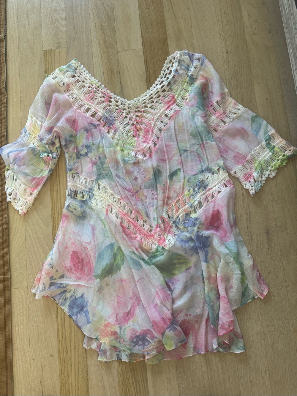 Floral Crochet-Trim Women's cover up - Pastel Pink & Multi